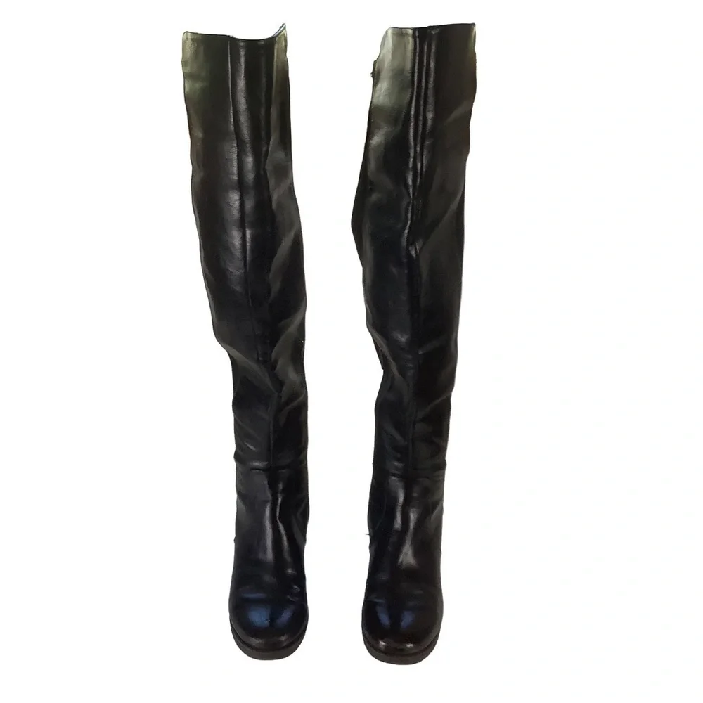 Over the Knee Black Faux Leather Boots Size 9 Thigh High Chunky Heel Fall Trend
